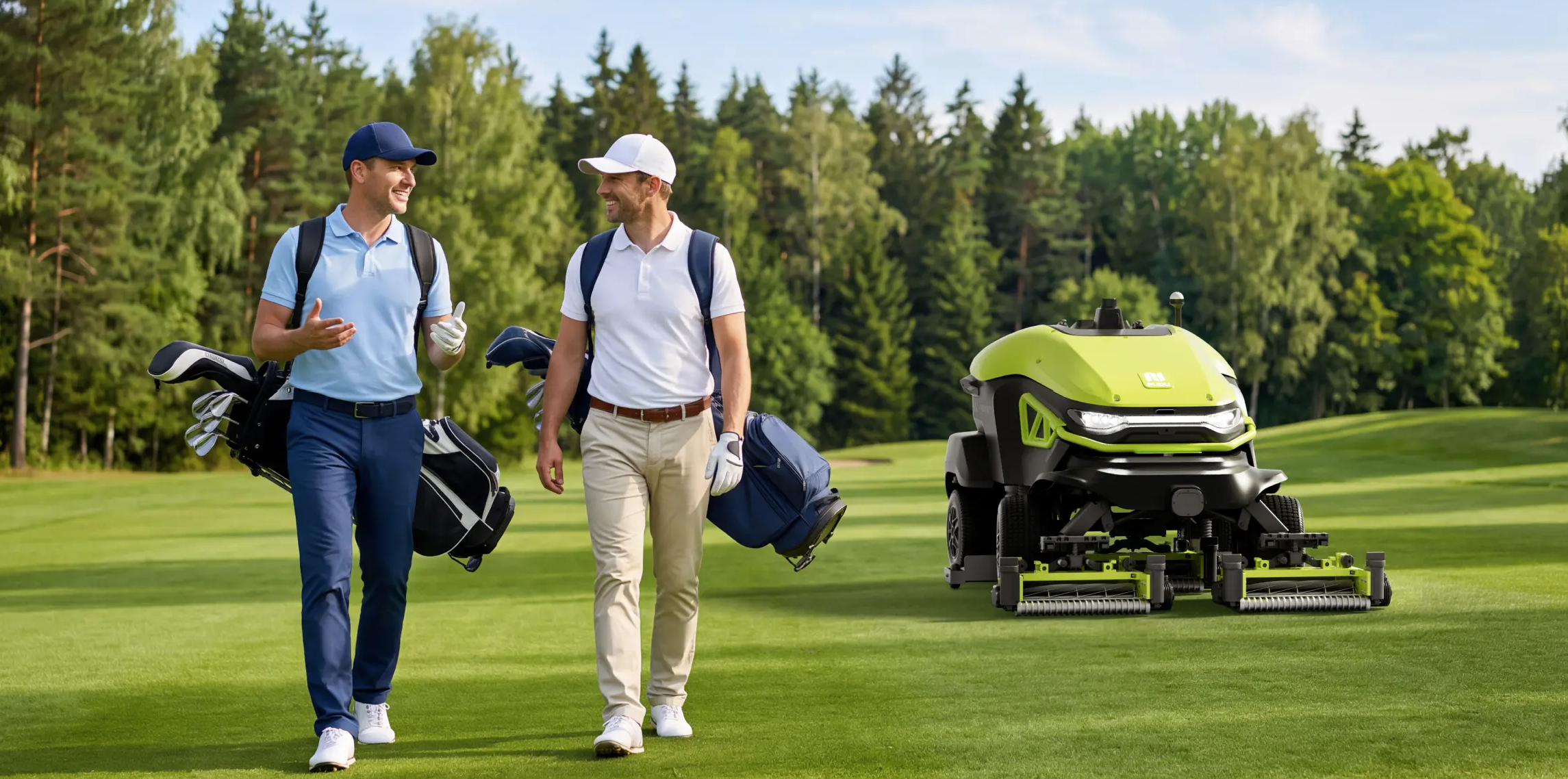 Pudu-gt7 Two golfers walking in front of PUDU GT7